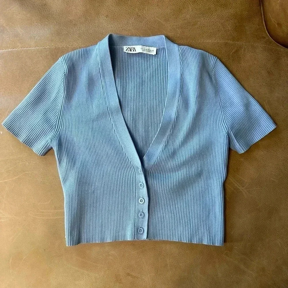 Zara Tops - Zara Blue Knit Ribbed Crop Short Sleeve Top Women’s Size Medium